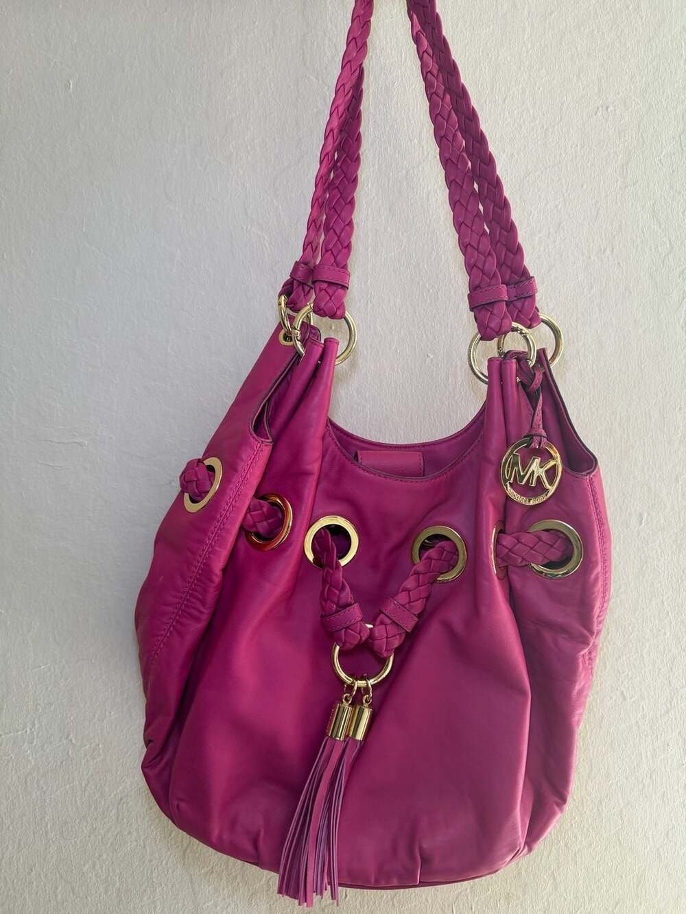 Michael Kors Fuchsia Pink Leather Braided Strap Hobo Shoulder Bag with Tassel